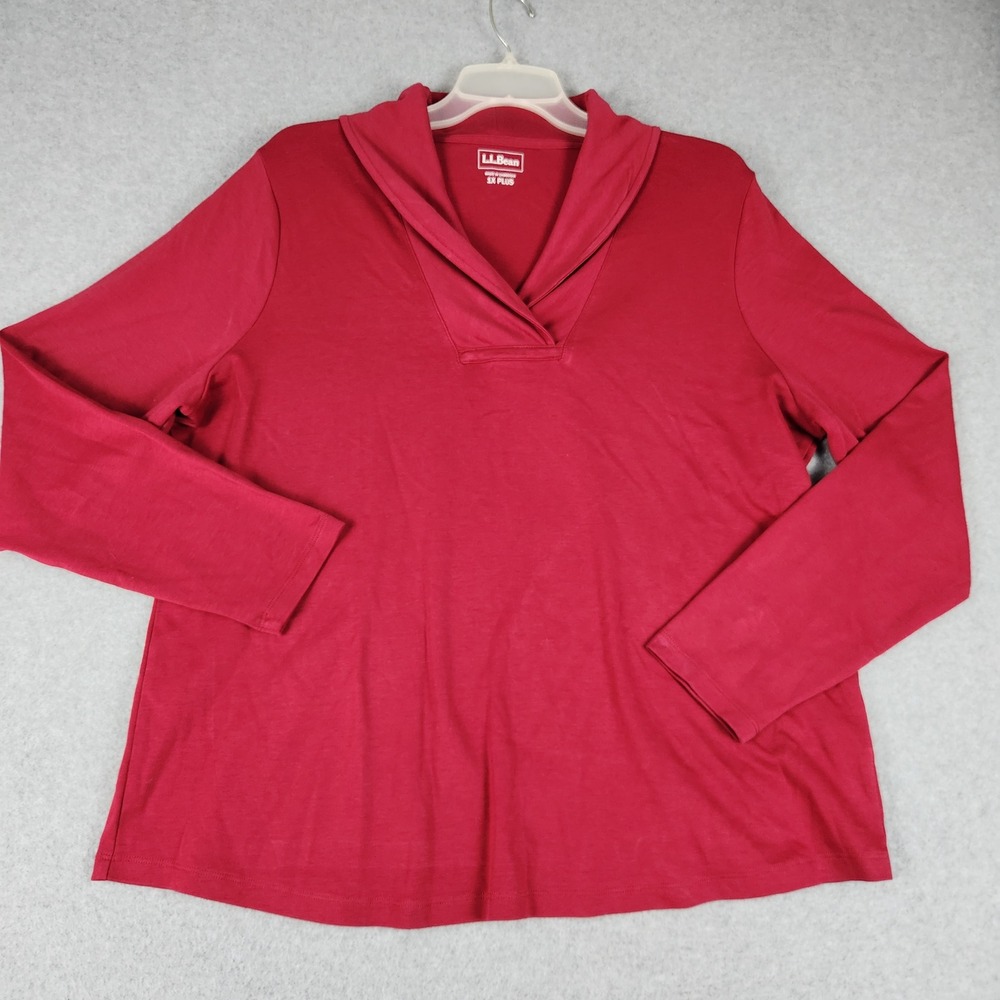 L.L. Bean Top Womens 1X Plus Red Cotton Long Sleeve Regular Shawl Neck Pullover